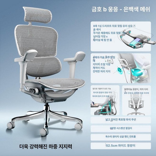 Ergohuman B이글 인체공학 사무용 의자, 회전식 높이 조절 팔걸이, 실버화이트
